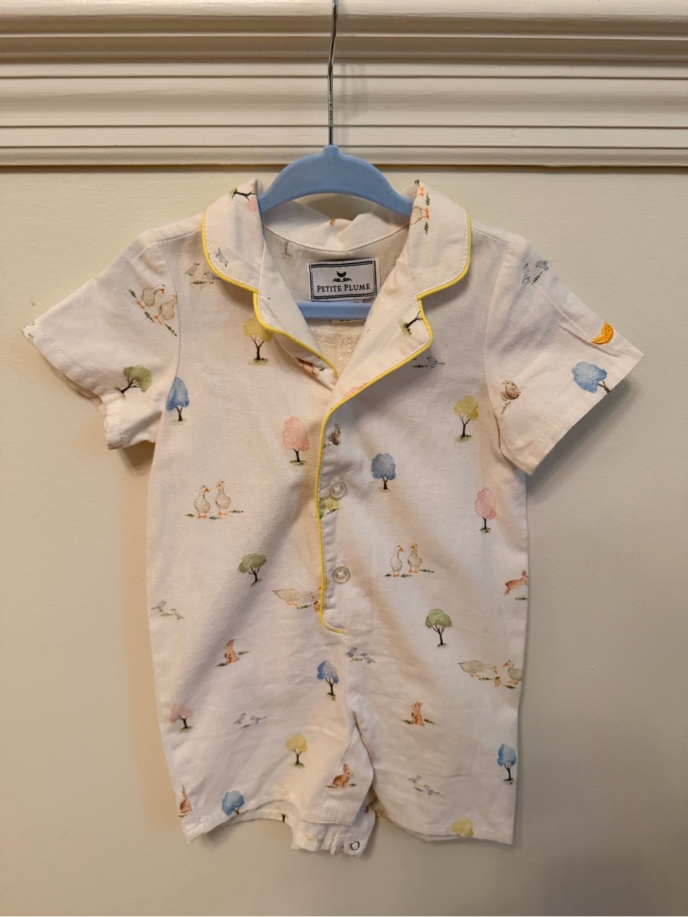 Petite Plume Cream Short-Sleeve Baby One-Piece with Pastel Tree Print 6/12M